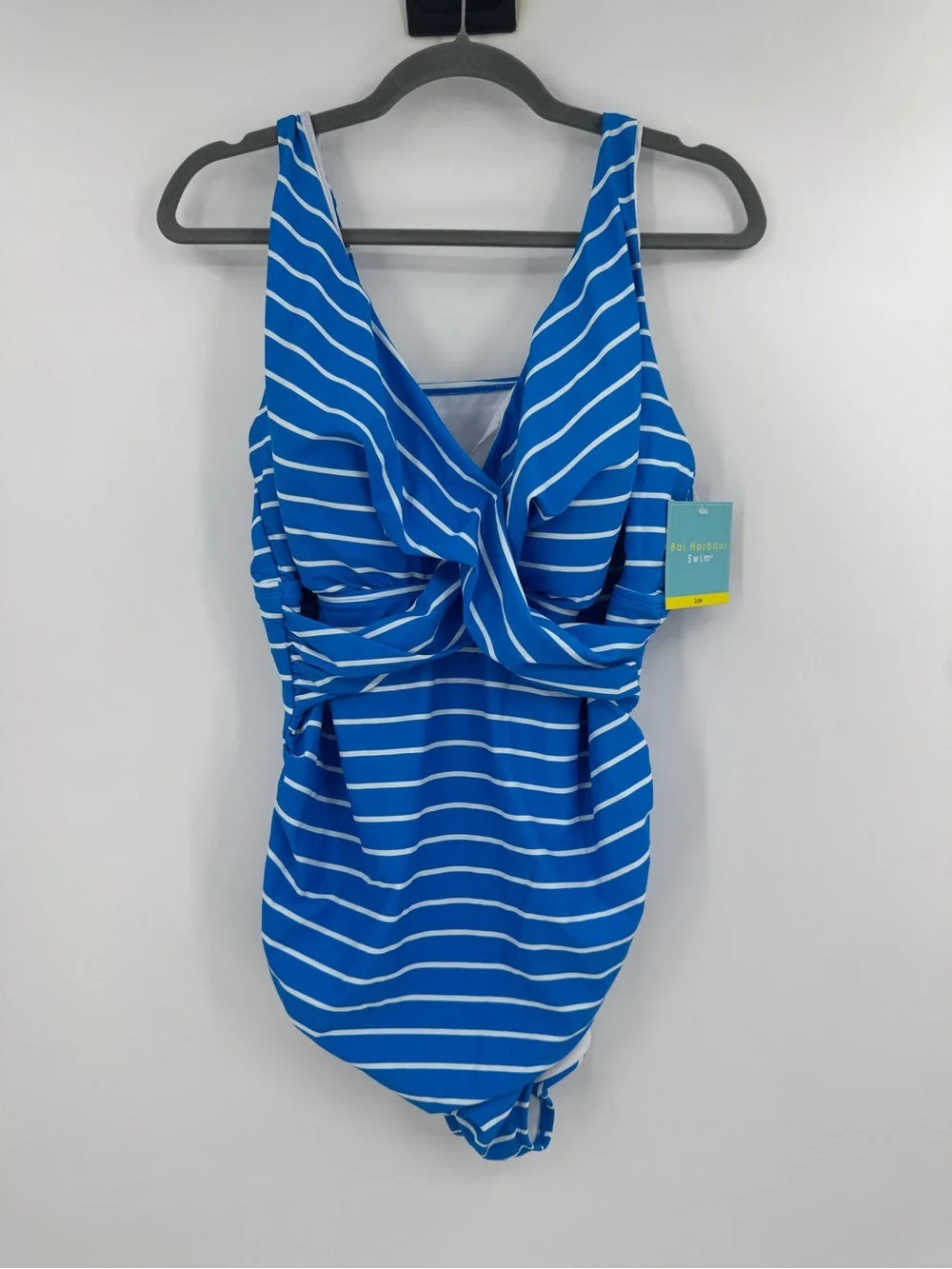 Bal Harbour Swim Blue White Striped Surplice One-Piece Swimsuit Women’s 24W NWT